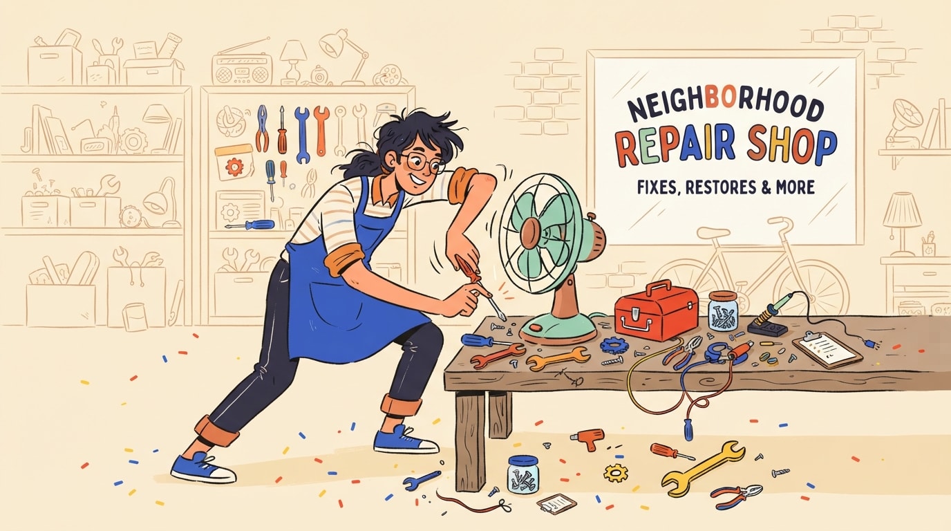 An illustrated neighbourhood street — bakery, grocer, tailor, and shoppers going about their day